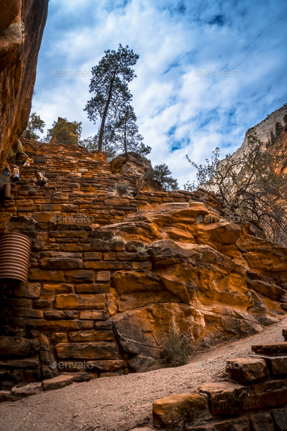 The climbing zigzag of the Angels Landing Trail trekking in Zion